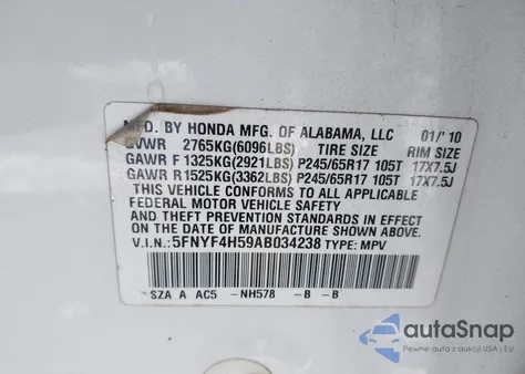 2010 Honda Pilot Ex-L from USA, damaged, VIN 5FNYF4H59AB034238